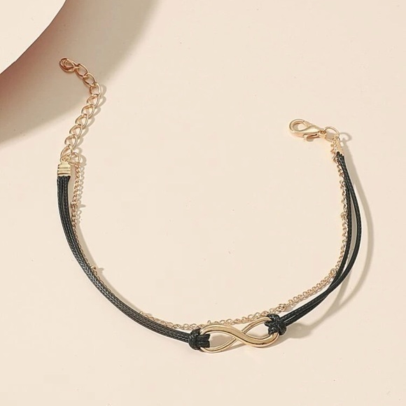 Infinity Anklet Adjustable Golden Chain Black String - Picture 3 of 5